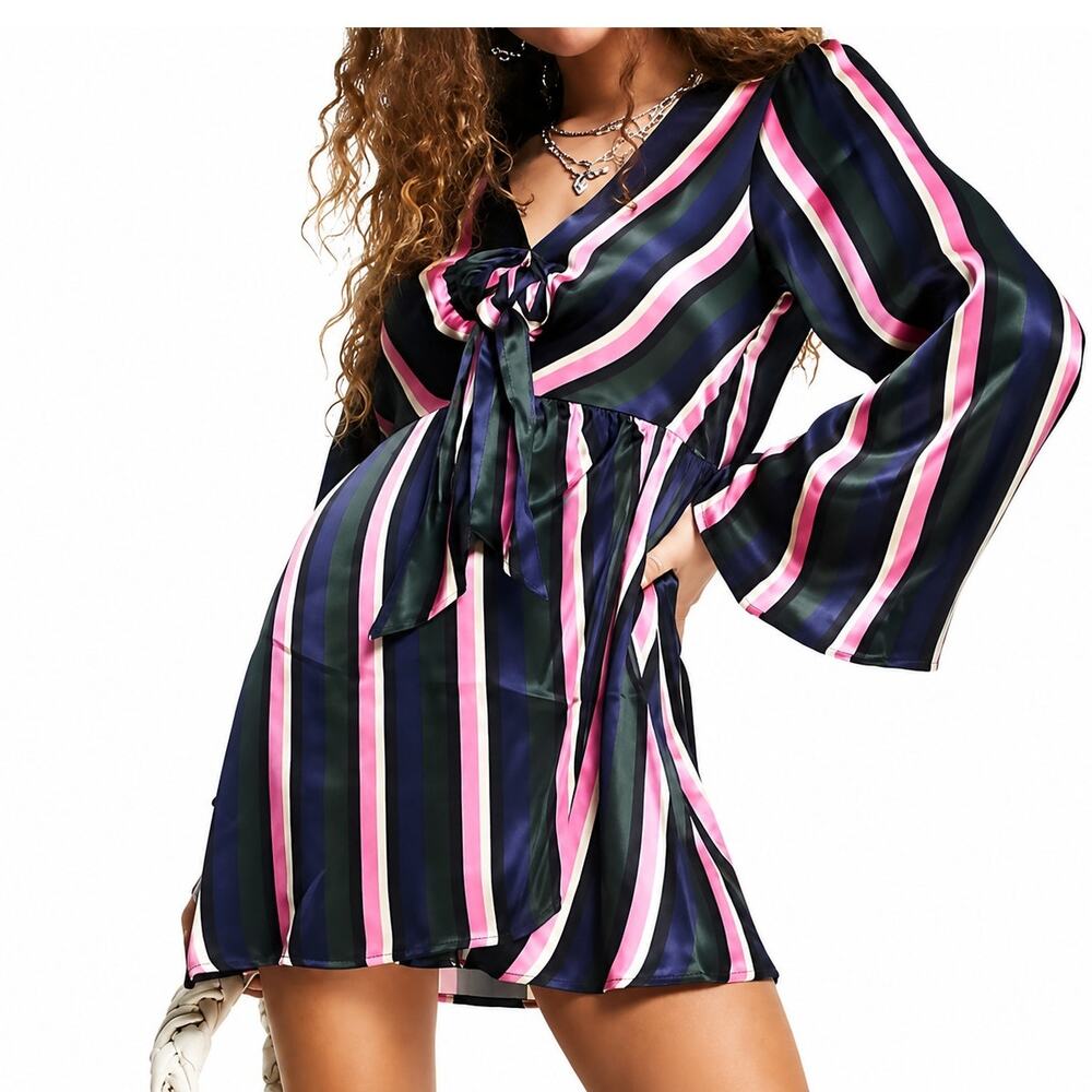 Topshop Stripe Faux Wrap Bell Sleeve Mini Dress Tie Front Multicolor NWT US 8